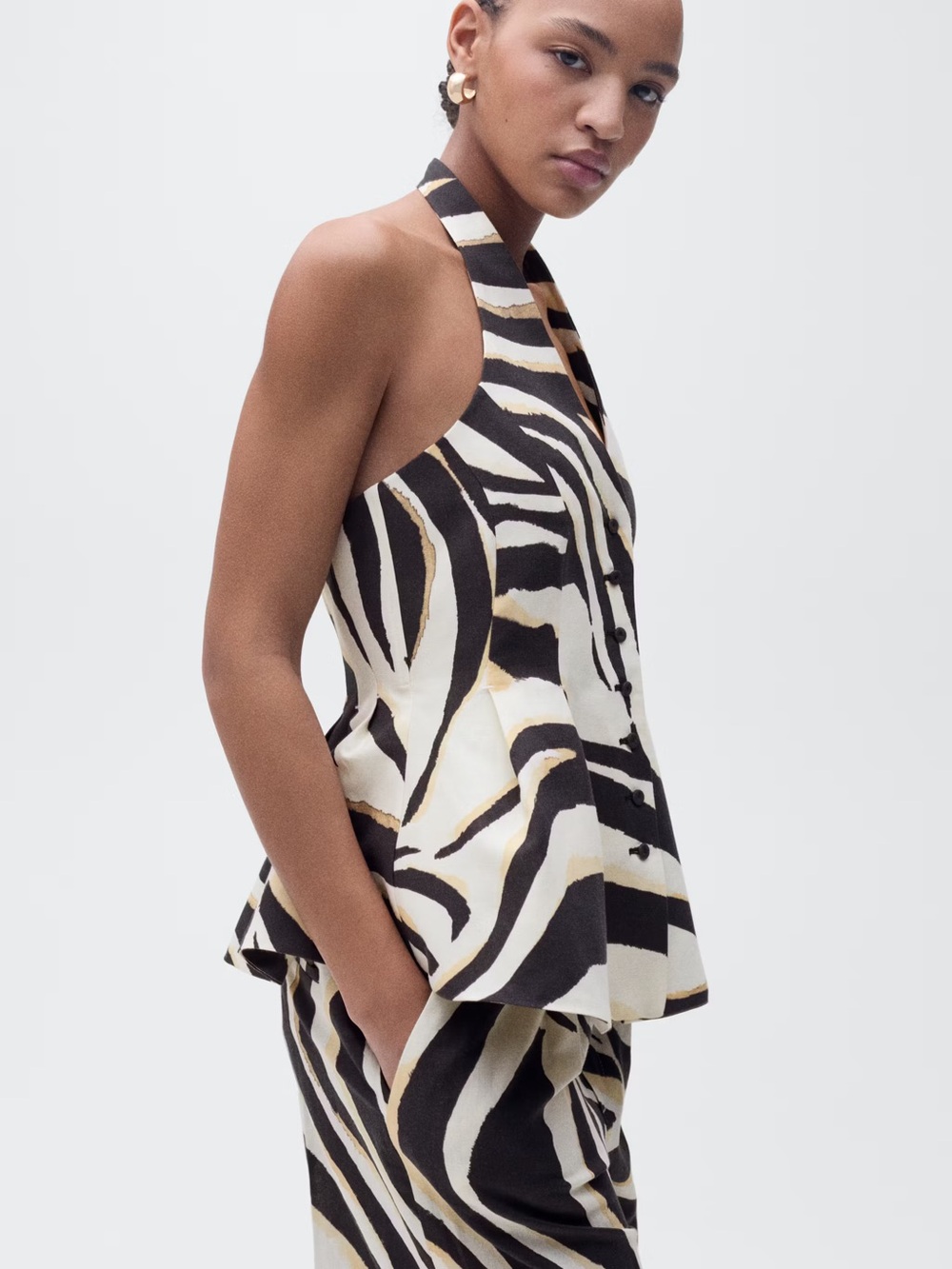 Mango Zebra-Print Halter Camisole in Black, White & Tan Accents